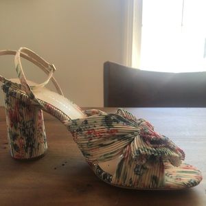 Loeffler Randall Camellia pleated bow heel with ankle strap - tan vine floral
